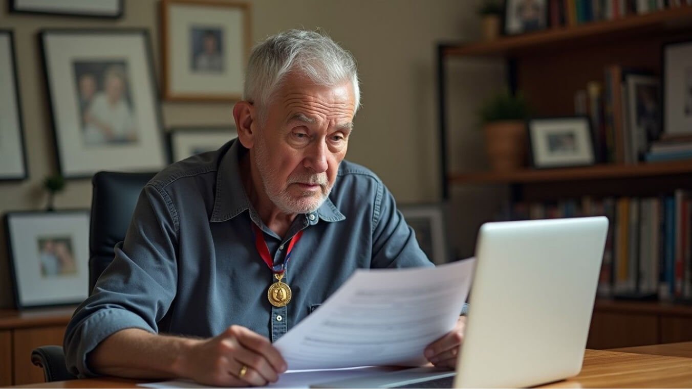 Elderly male veteran with grey hair and a military service medal reviewing pension documents at home, with the DVA website open on his laptop.