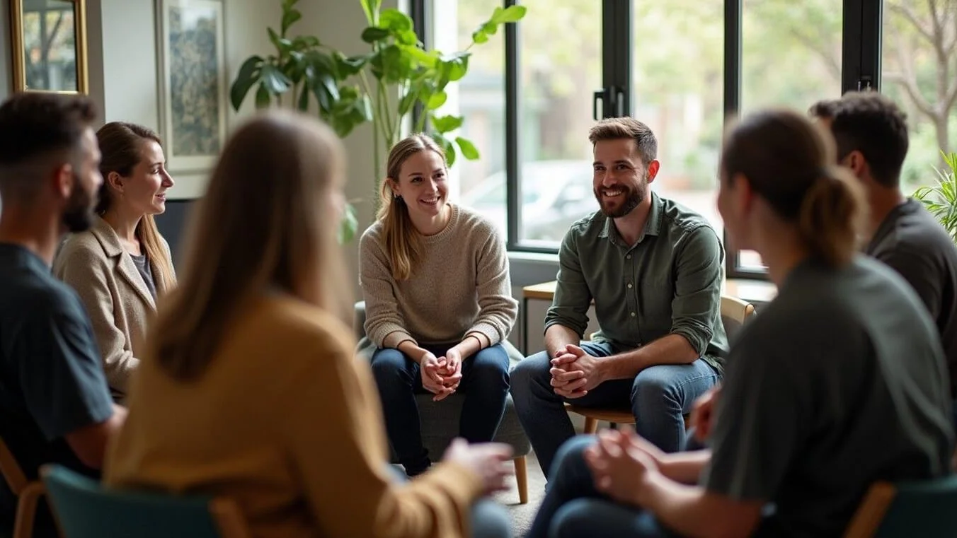 Veterans participating in a mental health peer support group session.