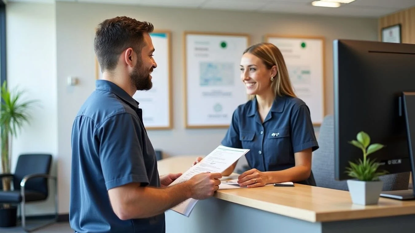 Veteran discussing DVA payment eligibility with healthcare administrator at Australian medical clinic.