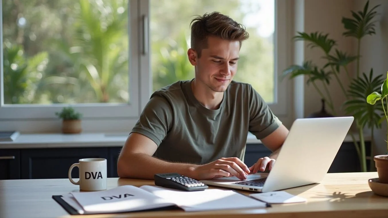 Young Australian veteran reviewing DVA debt documents at home while managing overpayment recovery options.