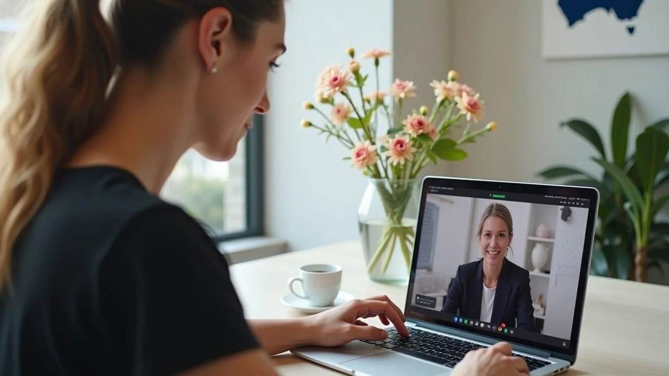 Female veteran accessing DVA support services online from home.