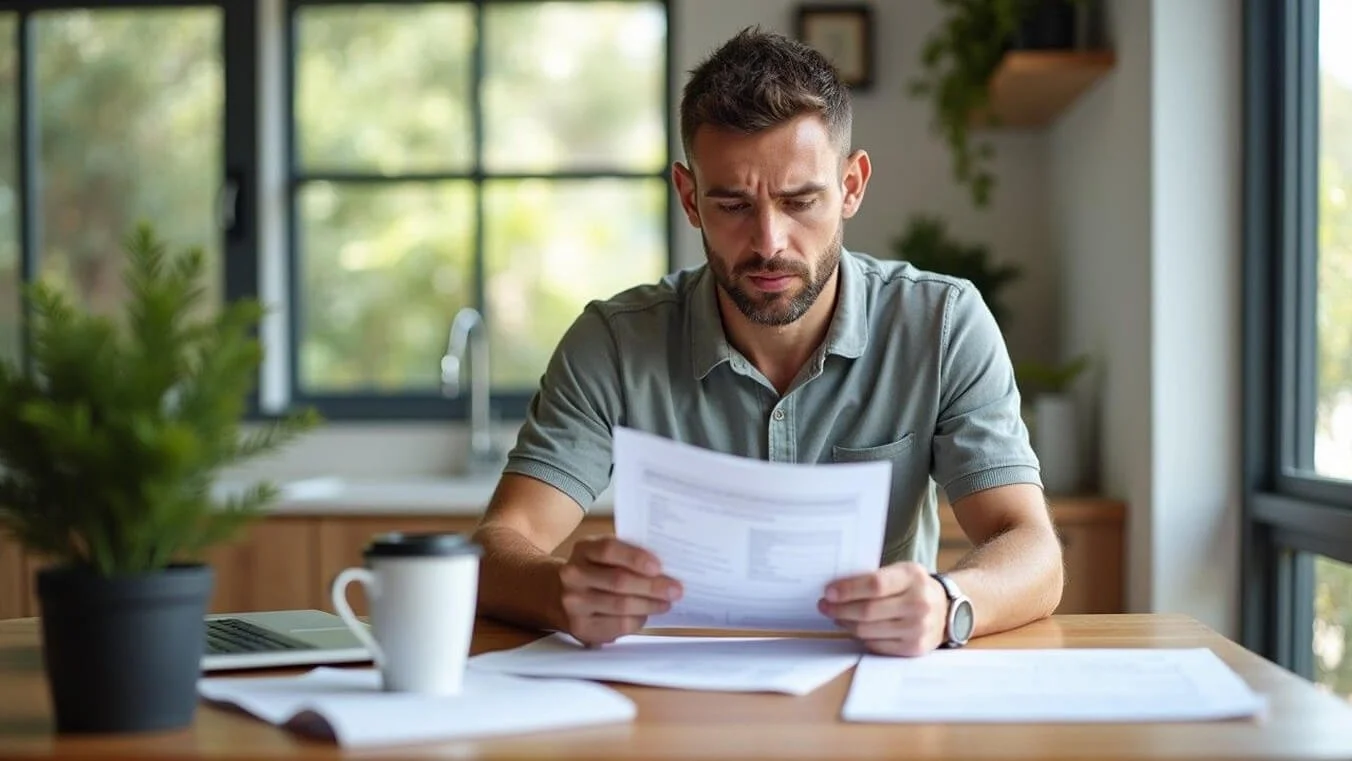 Young Australian veteran reviewing DVA debt documents at home.