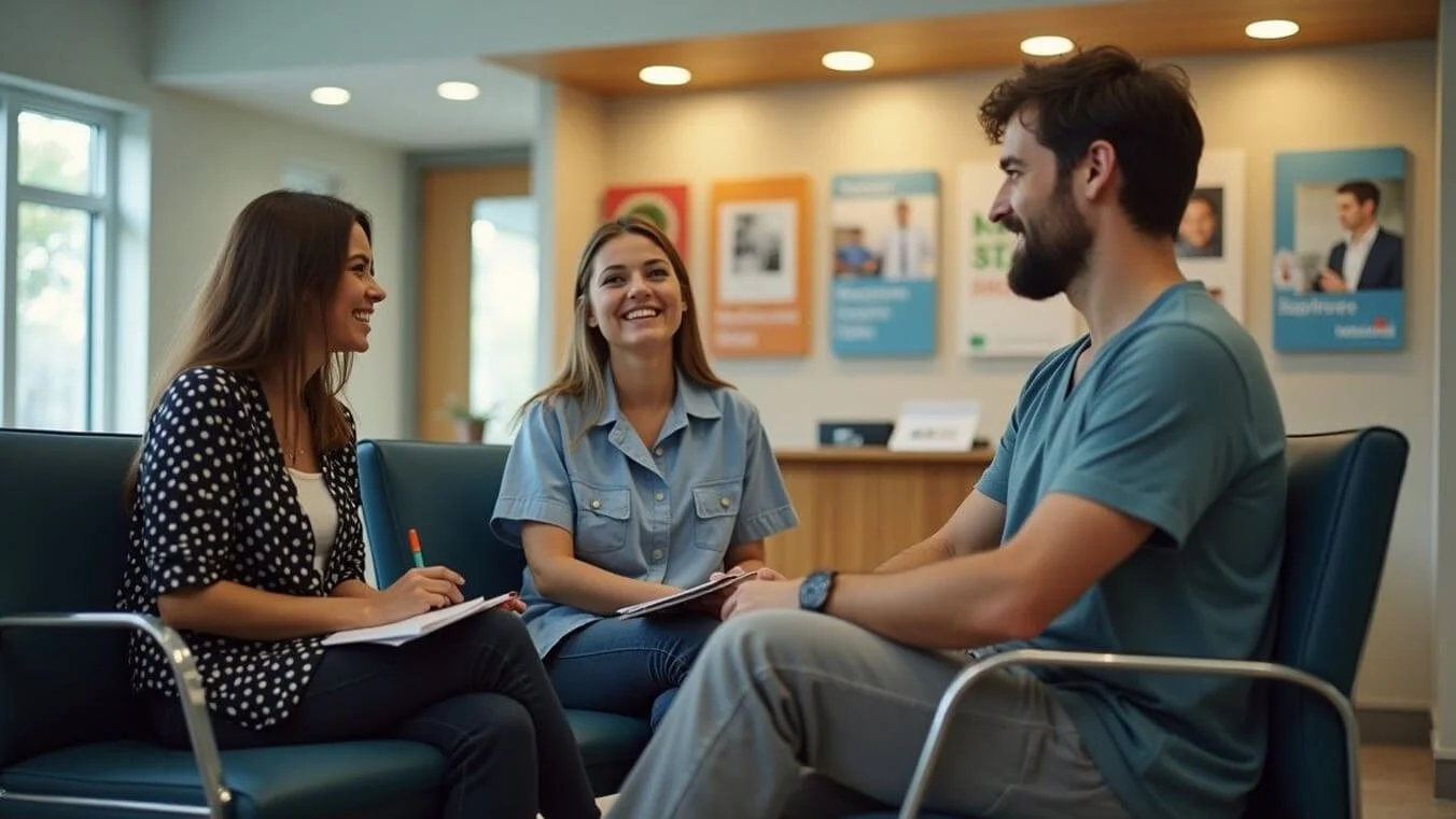 Young veterans managing DVA paperwork at an Australian medical clinic.