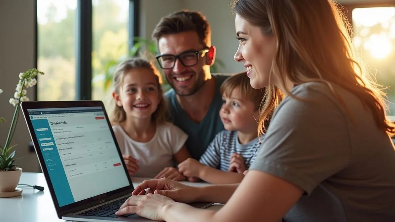 Young female veteran accessing DVA gold card services online with family support in an Australian home.