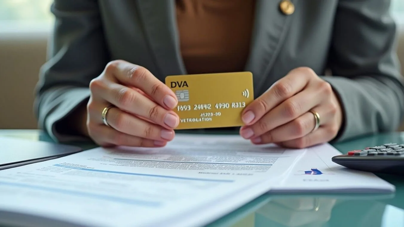 Female veteran reviewing DVA Gold Card coverage with Medicare Benefits Schedule documents.