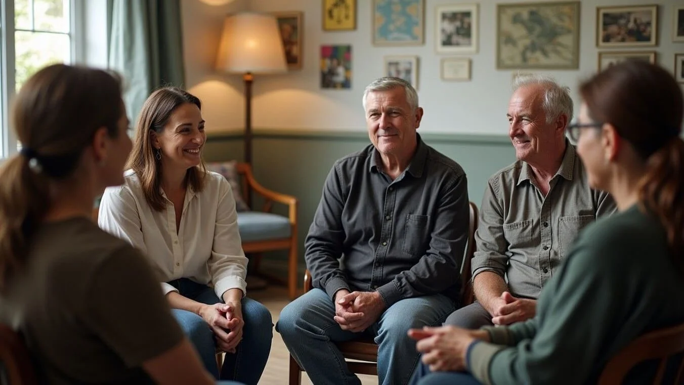 Group of veterans participating in a mental health peer support program.