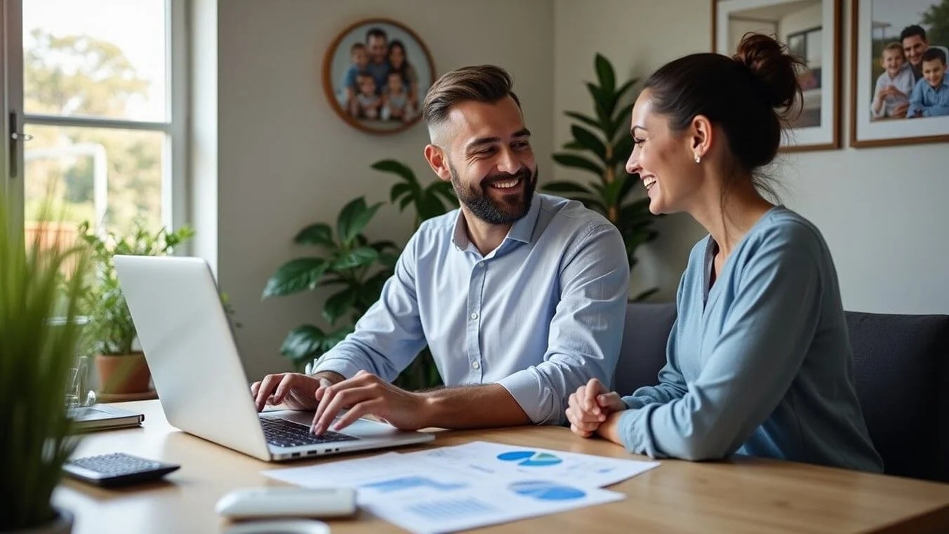 Young veteran couple planning family finances and reviewing DVA entitlements at home office. artwork