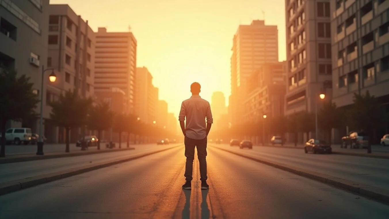 Young Australian veteran transitioning from military to civilian life, standing between two worlds.artwork