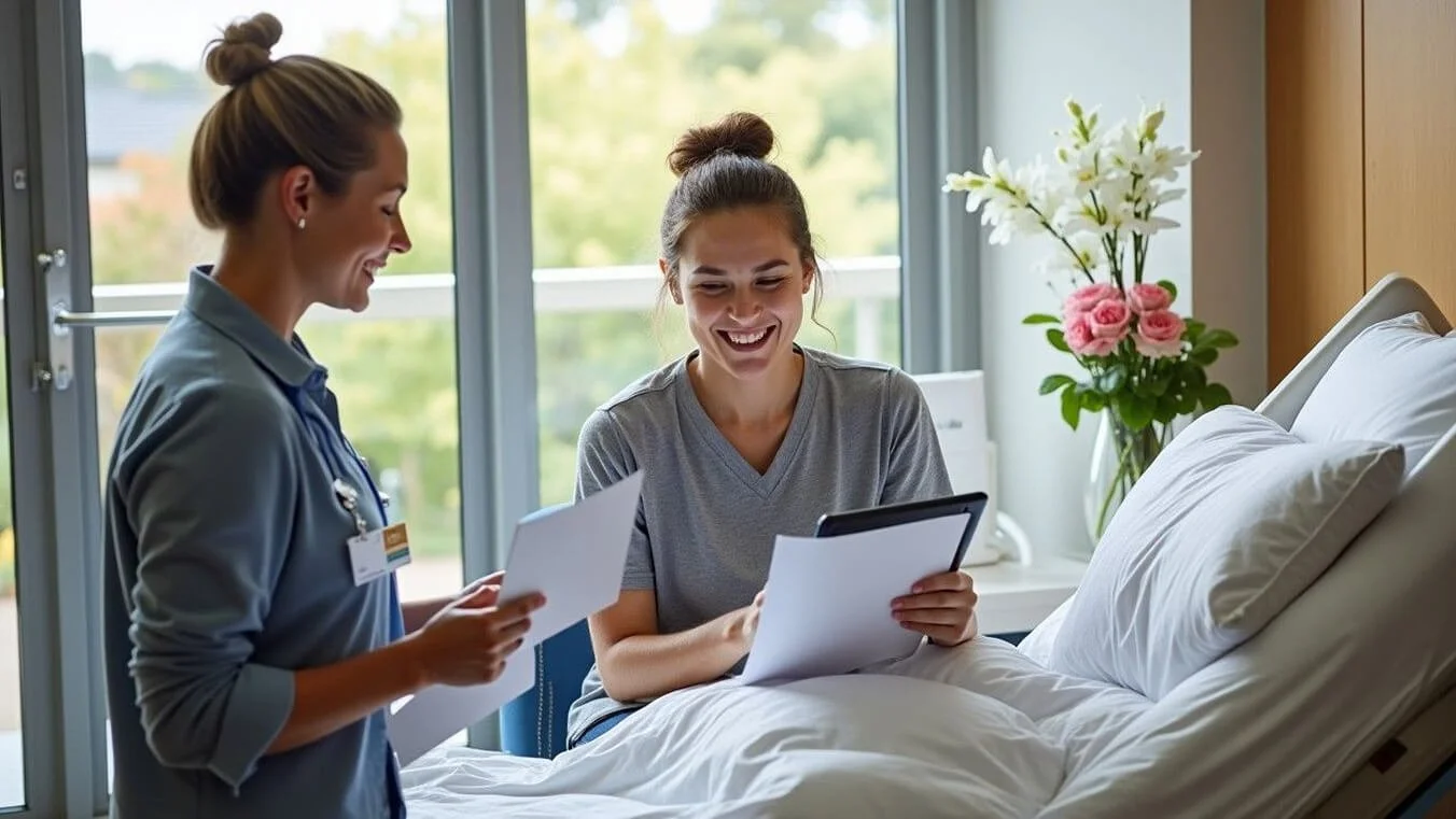 Female veteran with DVA Gold Card in modern private hospital room speaking with Veteran Liaison Officer.