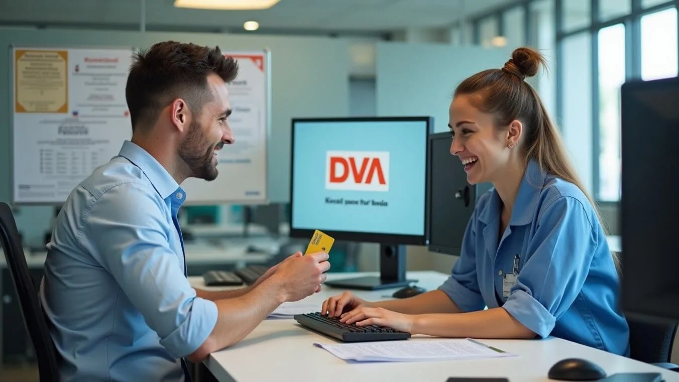 Veteran presenting DVA Gold Card to hospital billing specialist for private hospital treatment coverage.
