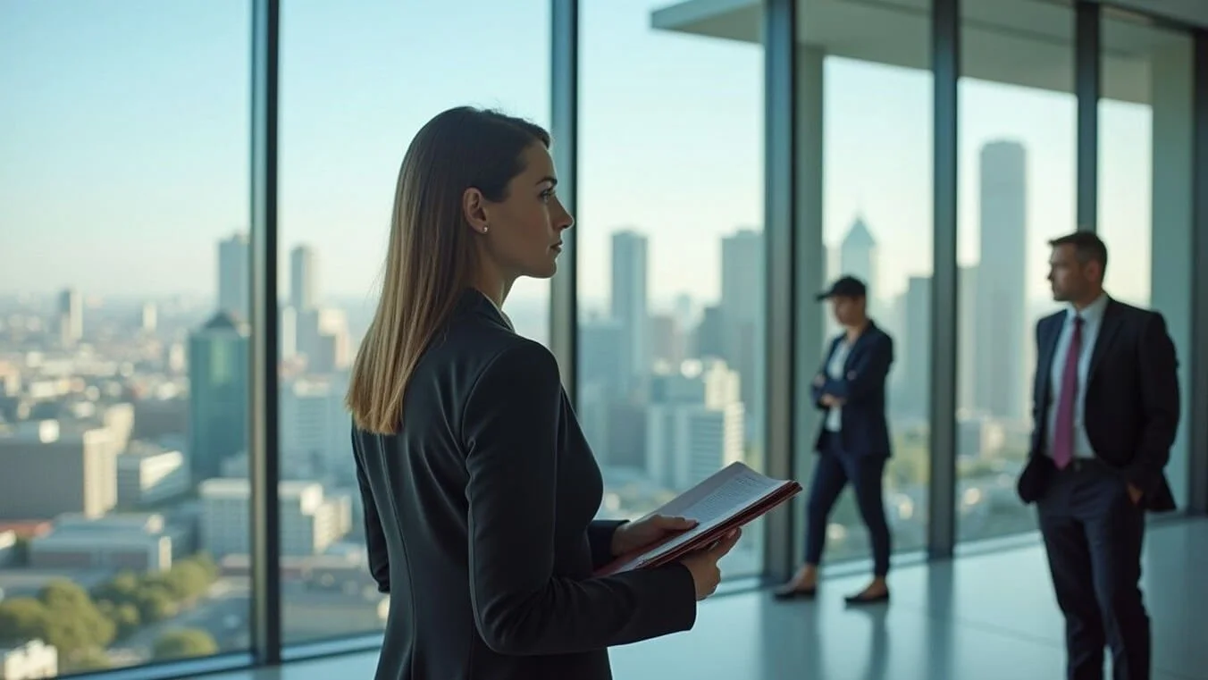 Female veteran contemplating career transition in modern Australian workplace.
