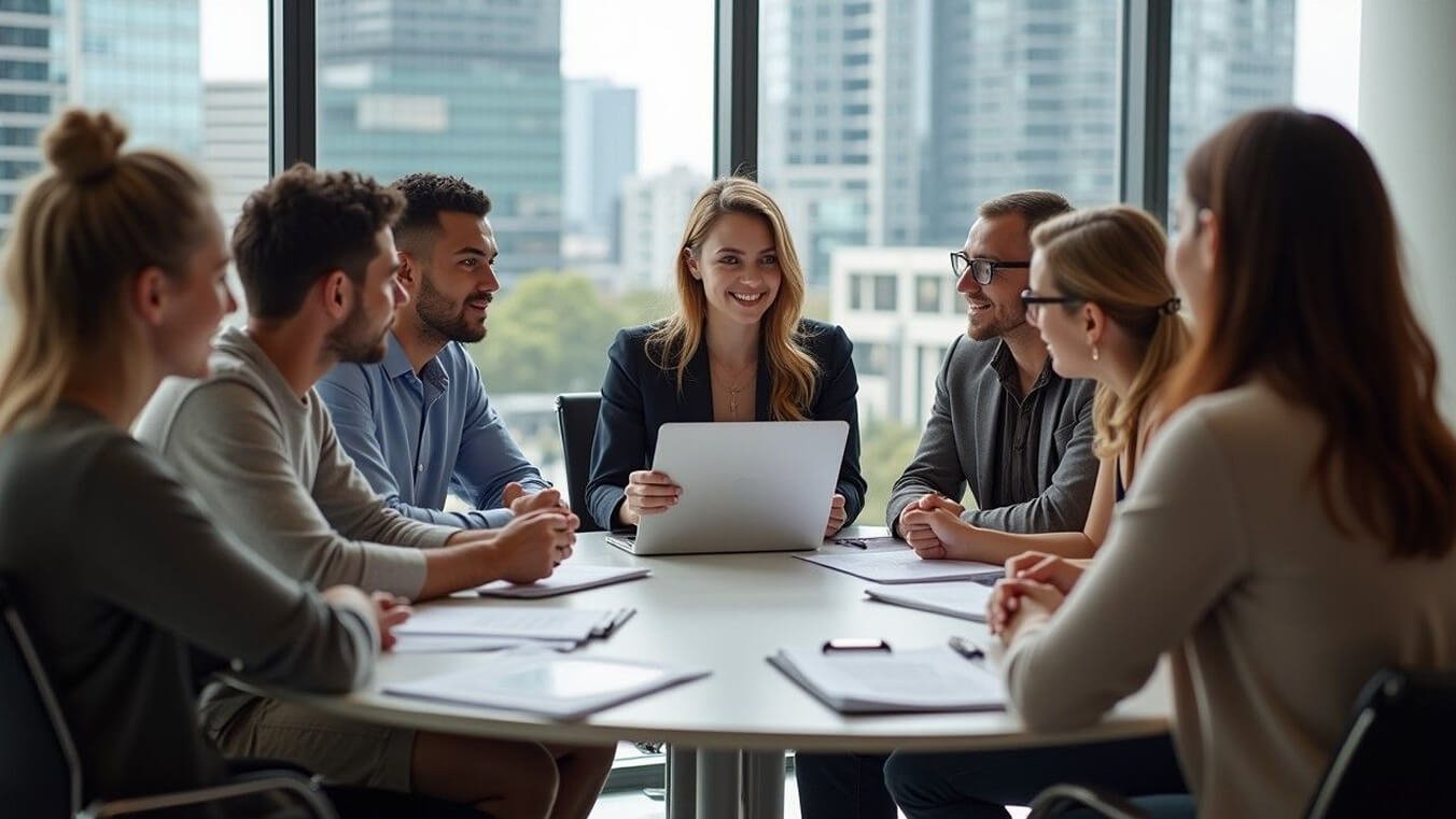 Professional veteran family advocate consulting with a diverse group of young Australian veterans.