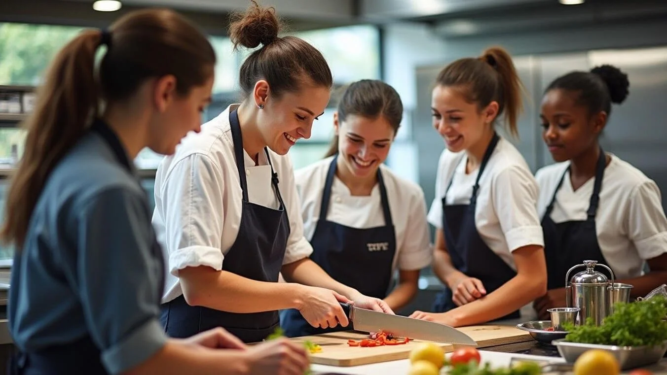 Diverse TAFE culinary students including young veterans learning knife skills.