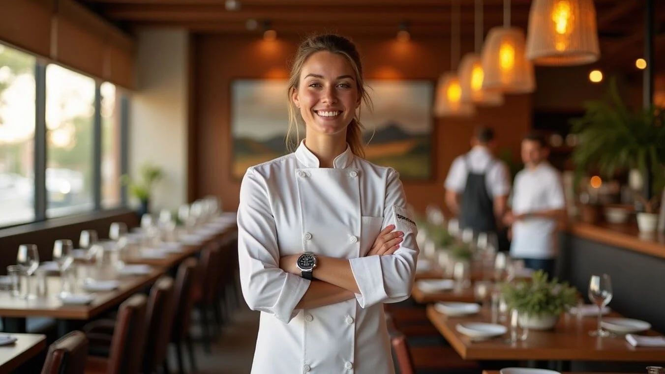 Successful female veteran executive chef in Australian restaurant after culinary training.