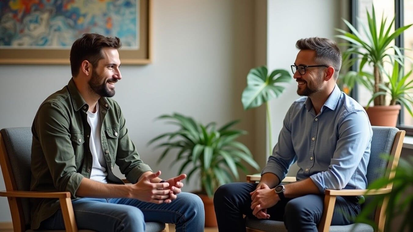 Veteran receiving mental health counselling support in an Australian clinical setting.