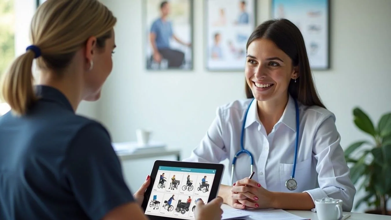 Veteran consulting with an occupational therapist about RAP equipment assessment in an Australian healthcare clinic.
