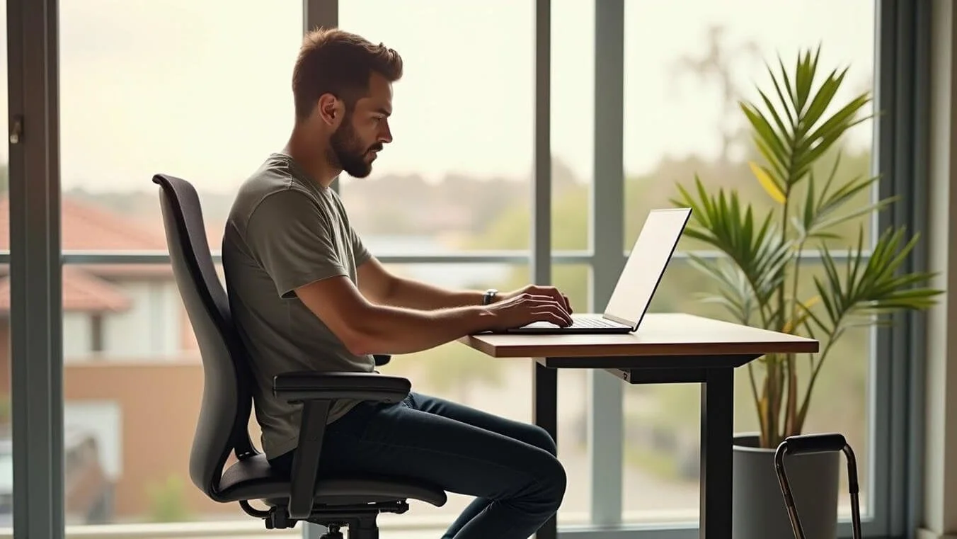 Young Australian veteran using ergonomic workplace equipment funded through the Department of Veterans Affairs Rehabilitation Appliances Program.