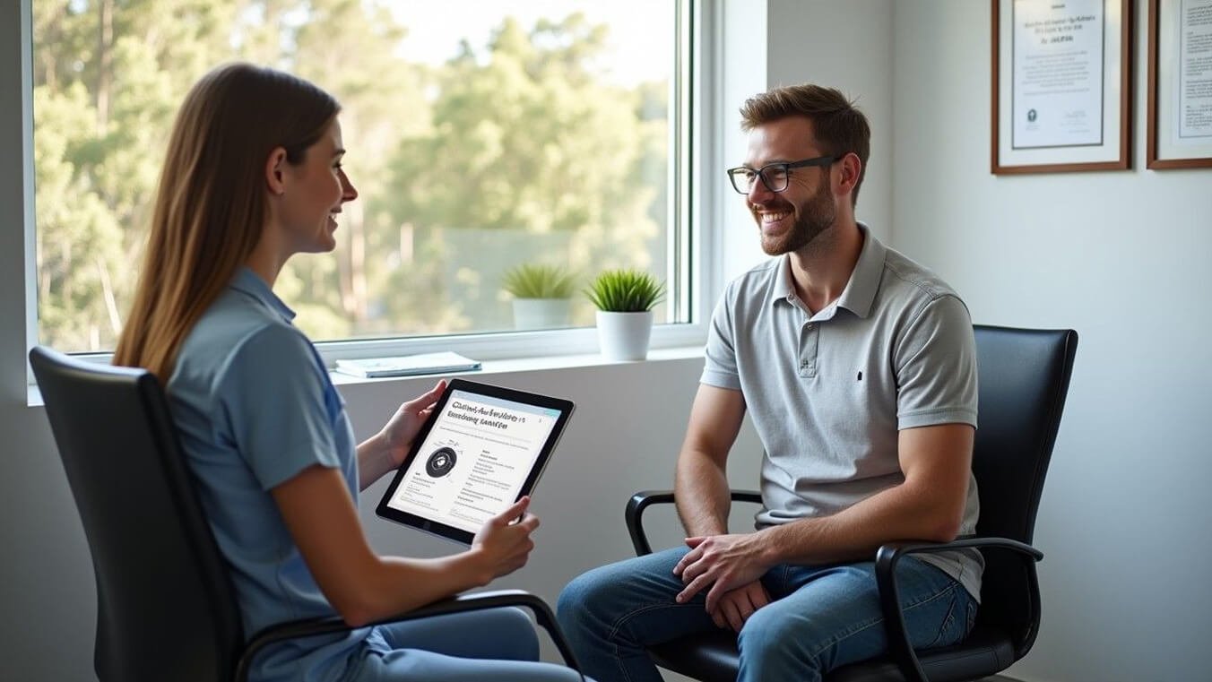 Young Australian veteran discussing cataract surgery options with an ophthalmologist in a modern medical clinic.