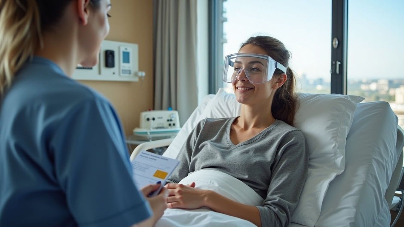 Female veteran recovering after cataract surgery in an Australian private hospital room.
