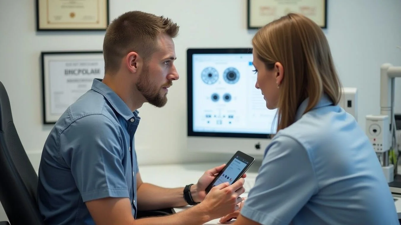 Veteran consulting with eye specialist about DVA vision benefits.