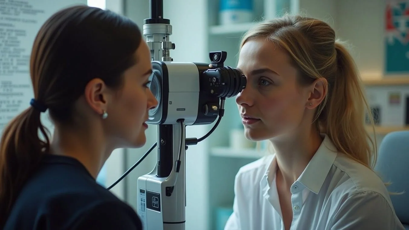 Female veteran undergoing visual acuity testing with DVA coverage.