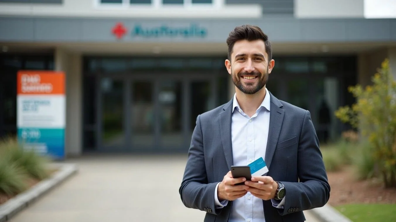 Young Australian veteran successfully accessing DVA treatment services with the digital claiming system outside the medical centre.