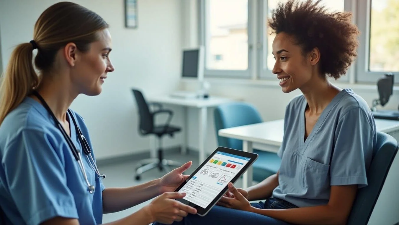 Young Indigenous Australian veteran discussing DVA treatment options with a healthcare provider using digital health records.