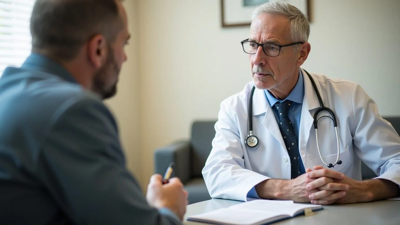 A veteran and GP discussing mental health treatment pathways under DVA's NLHC program.