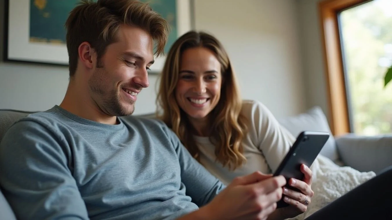 Veteran using digital mental health resources for PTSD management at home.