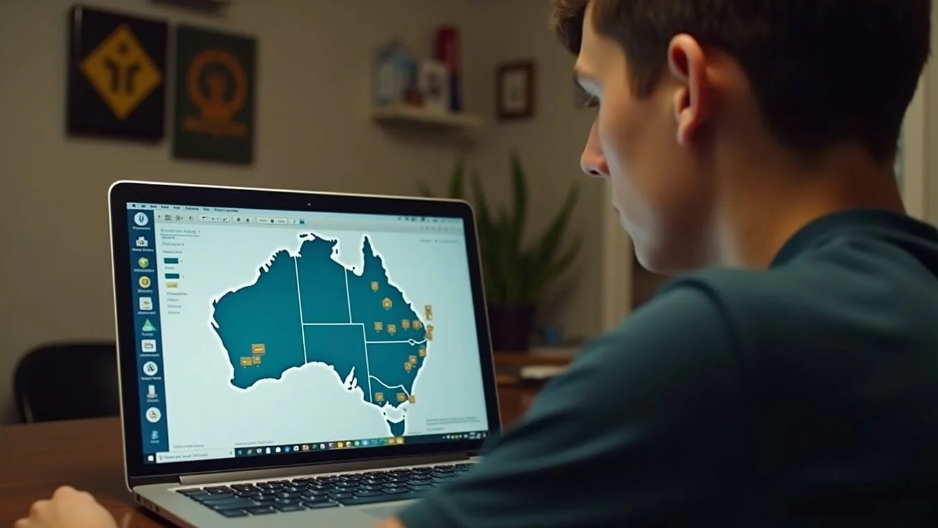 Australian veteran using a laptop to explore state-by-state support options on an interactive map.