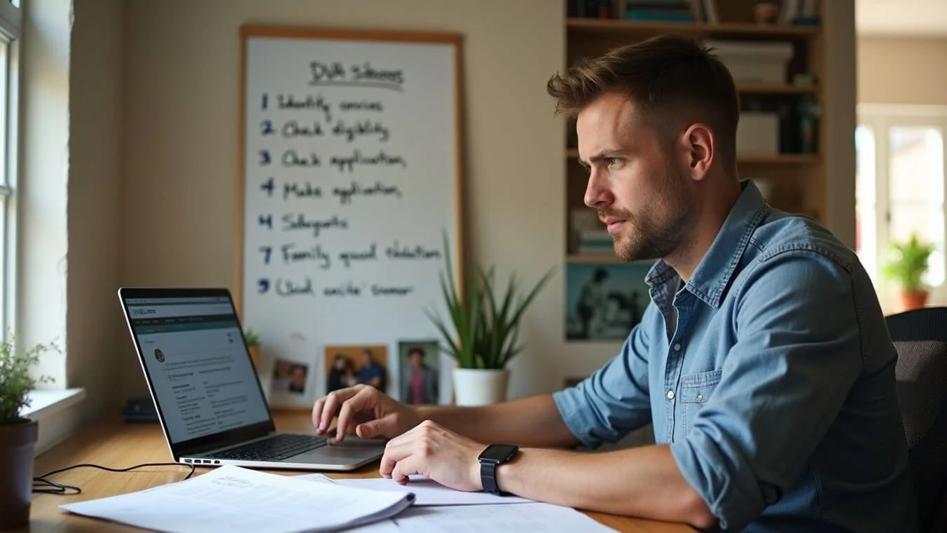 Younger veteran organising application documents and using laptop to access DVA services online.