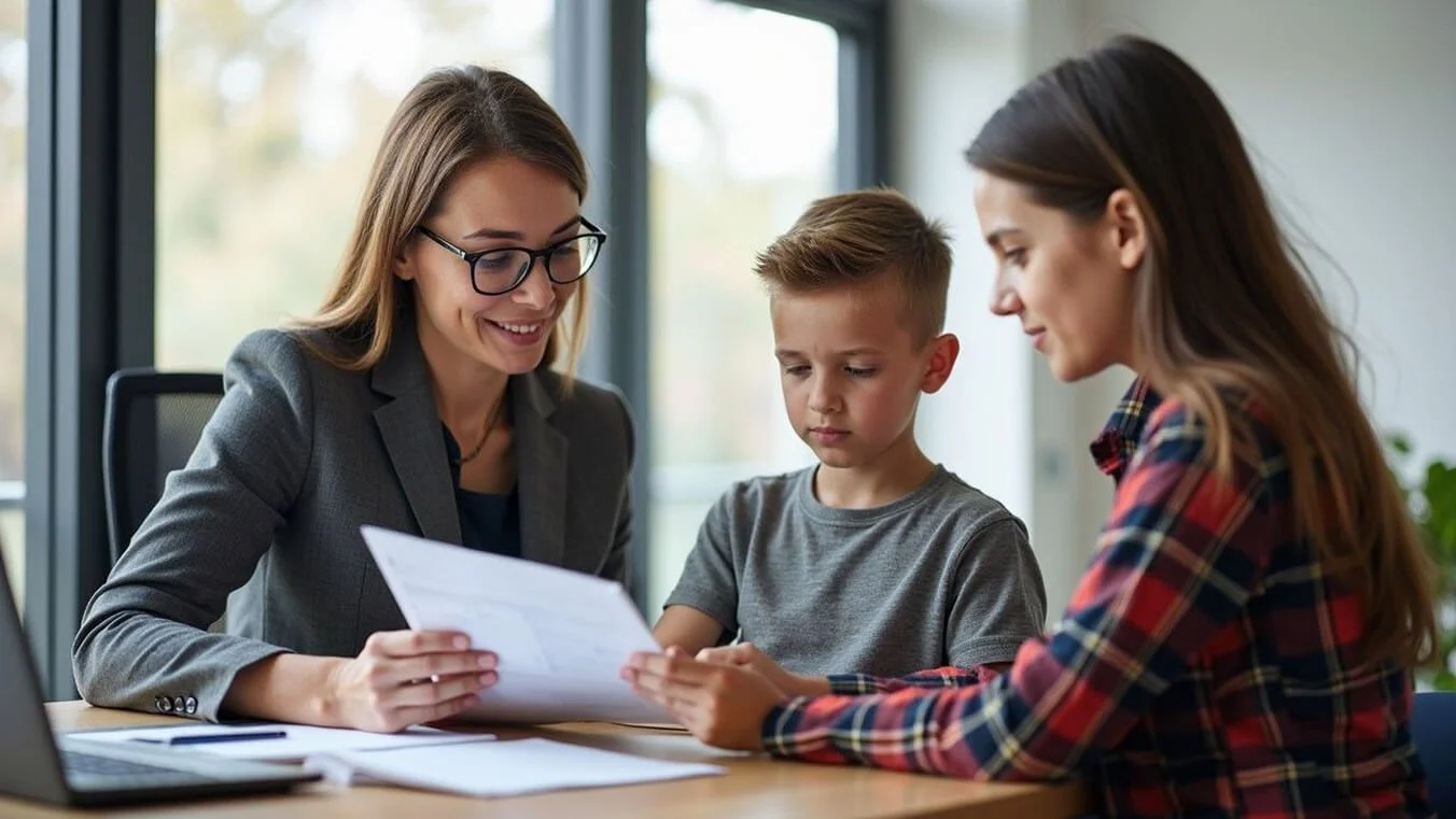 Veterans First Consulting specialist guiding a veteran parent and a child through youth program application materials.