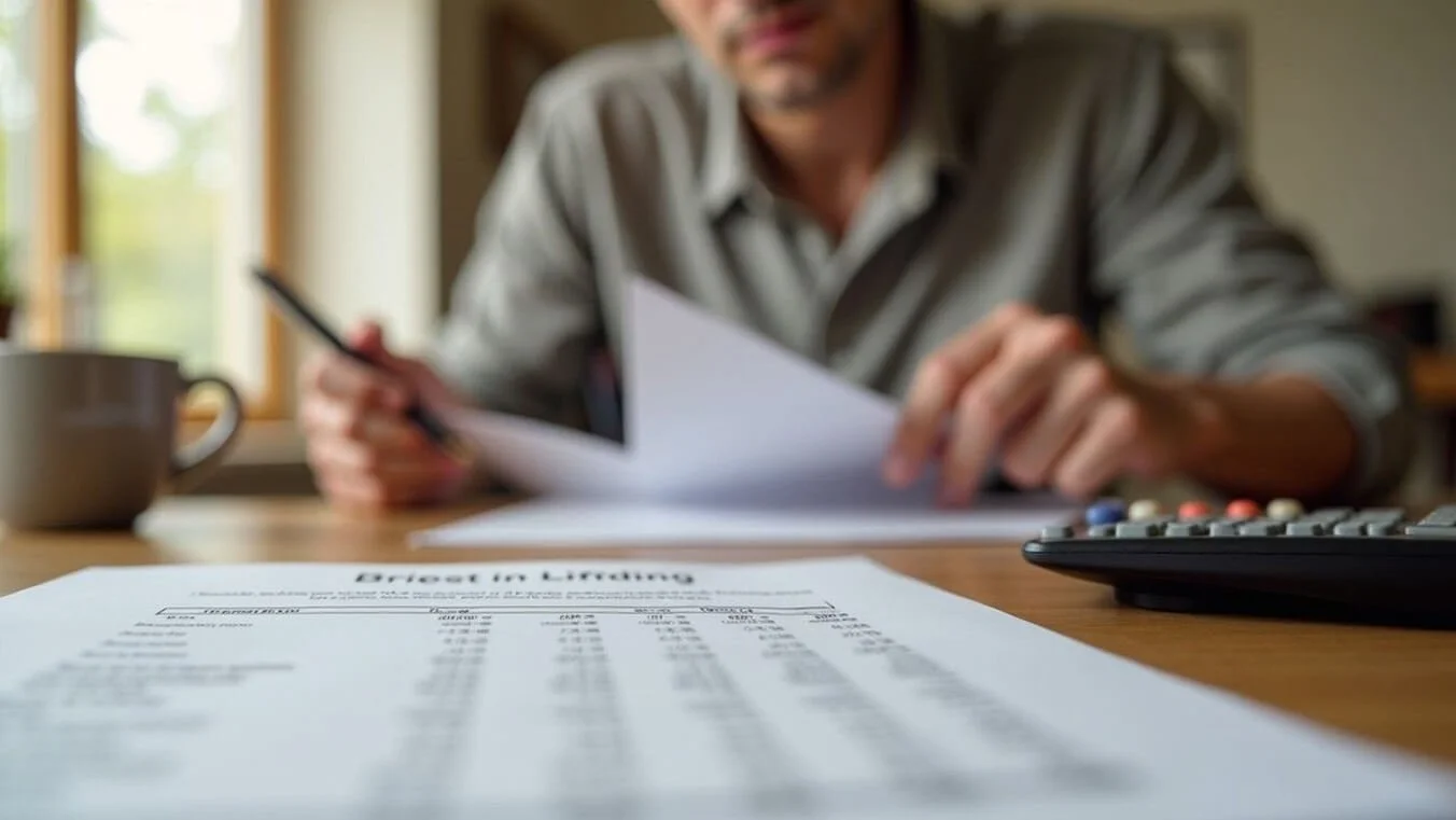 Budget sheet, calculator and cup of tea on a table with a veteran reviewing documents blurred in the background.