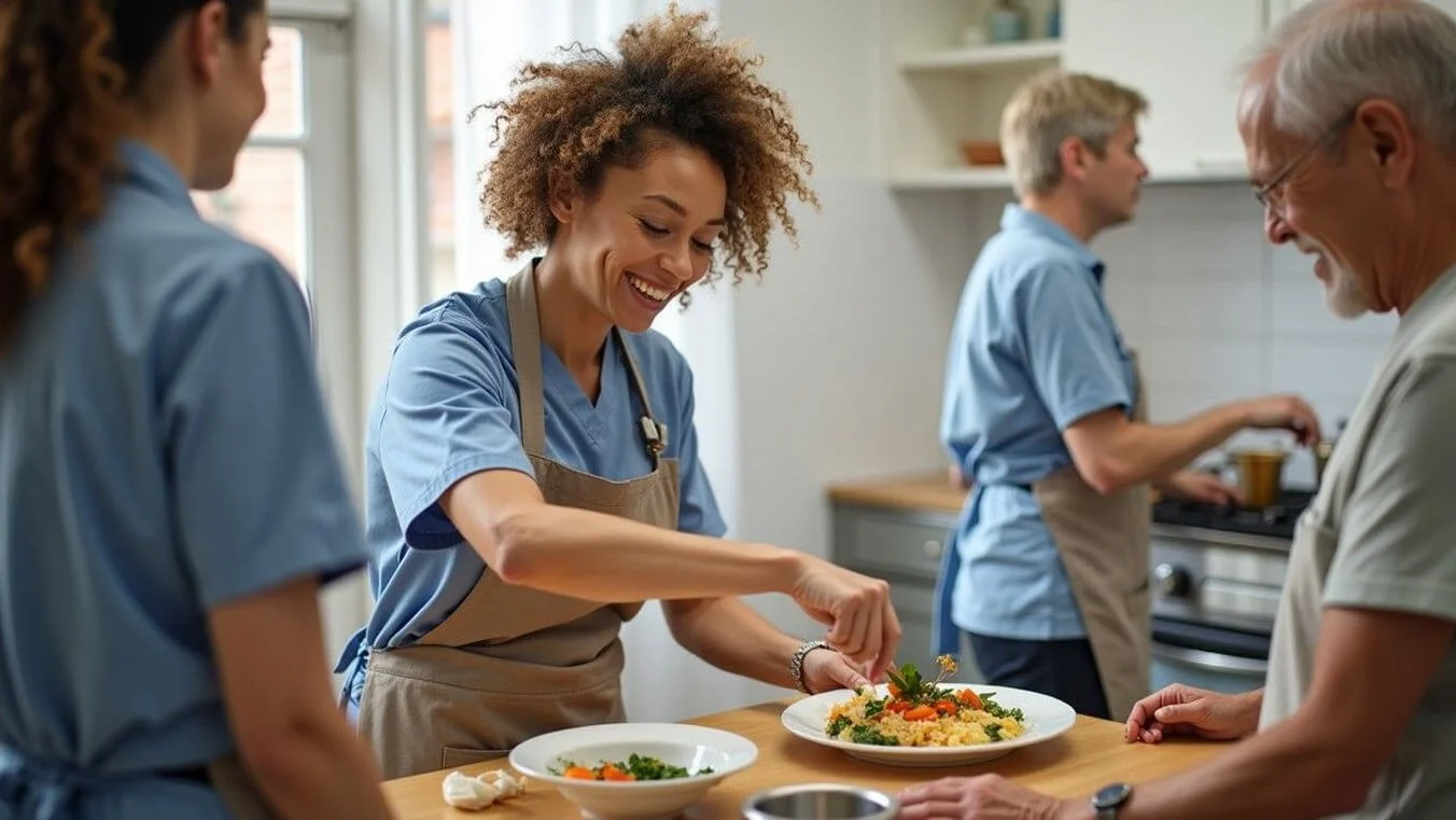 Caregiver preparing a meal for a veteran in a home kitchen.