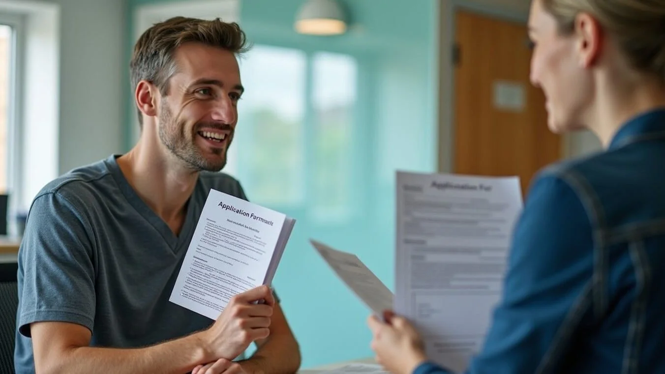 Veteran submitting DVA financial hardship application at a clinic reception.