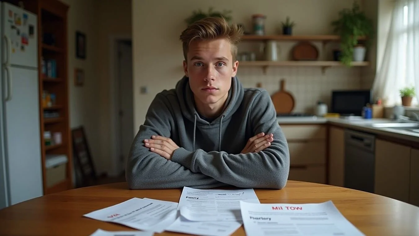 A veteran reviewing DVA support documents at home while facing financial hardship and income uncertainty.