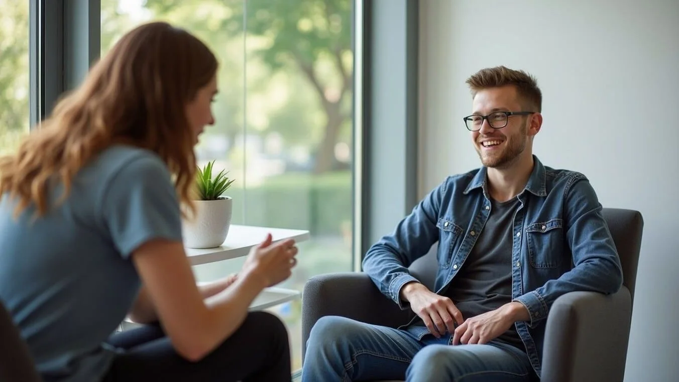 Australian veteran speaking with a professional counsellor in a civilian setting.