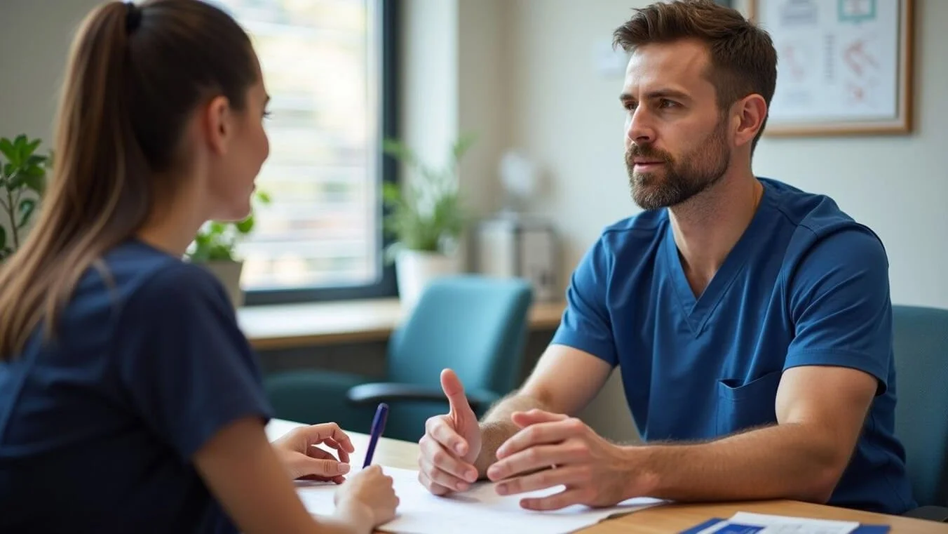 A veteran discussing remedial massage inclusion in a DVA-approved physiotherapy session.