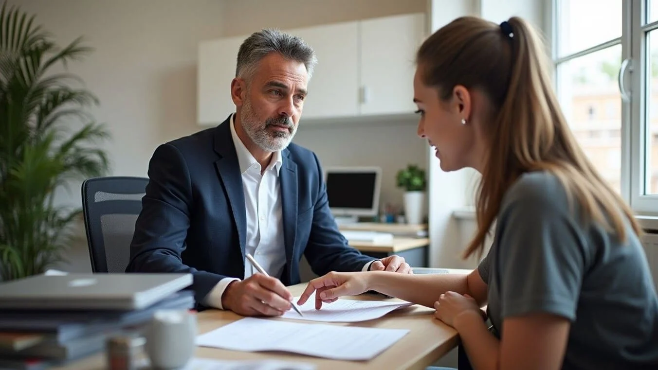DVA claim specialist helping a young veteran review a compensation form in a civilian setting.