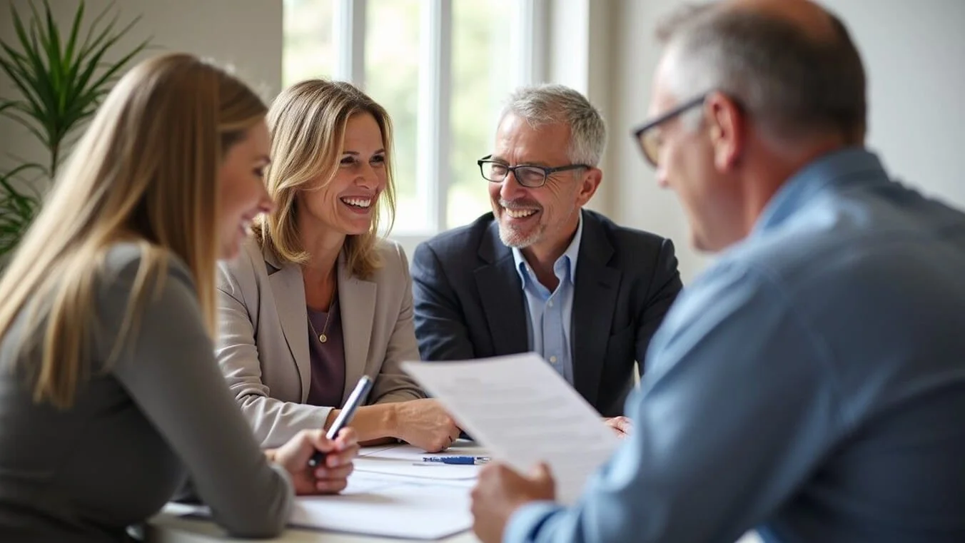Veteran family reviewing DVA funeral entitlement documents with claims expert.