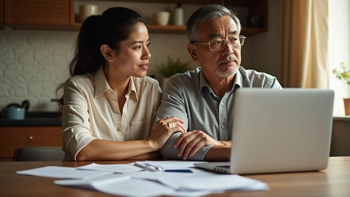 A veteran and family member preparing DVA claim documents and reviewing supporting evidence at home.