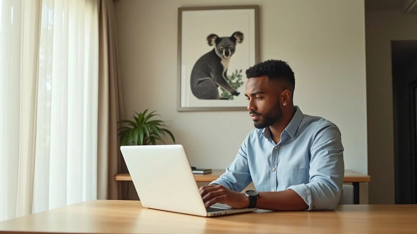 Young Australian veteran reviewing DVA personal information access paperwork in a home setting.