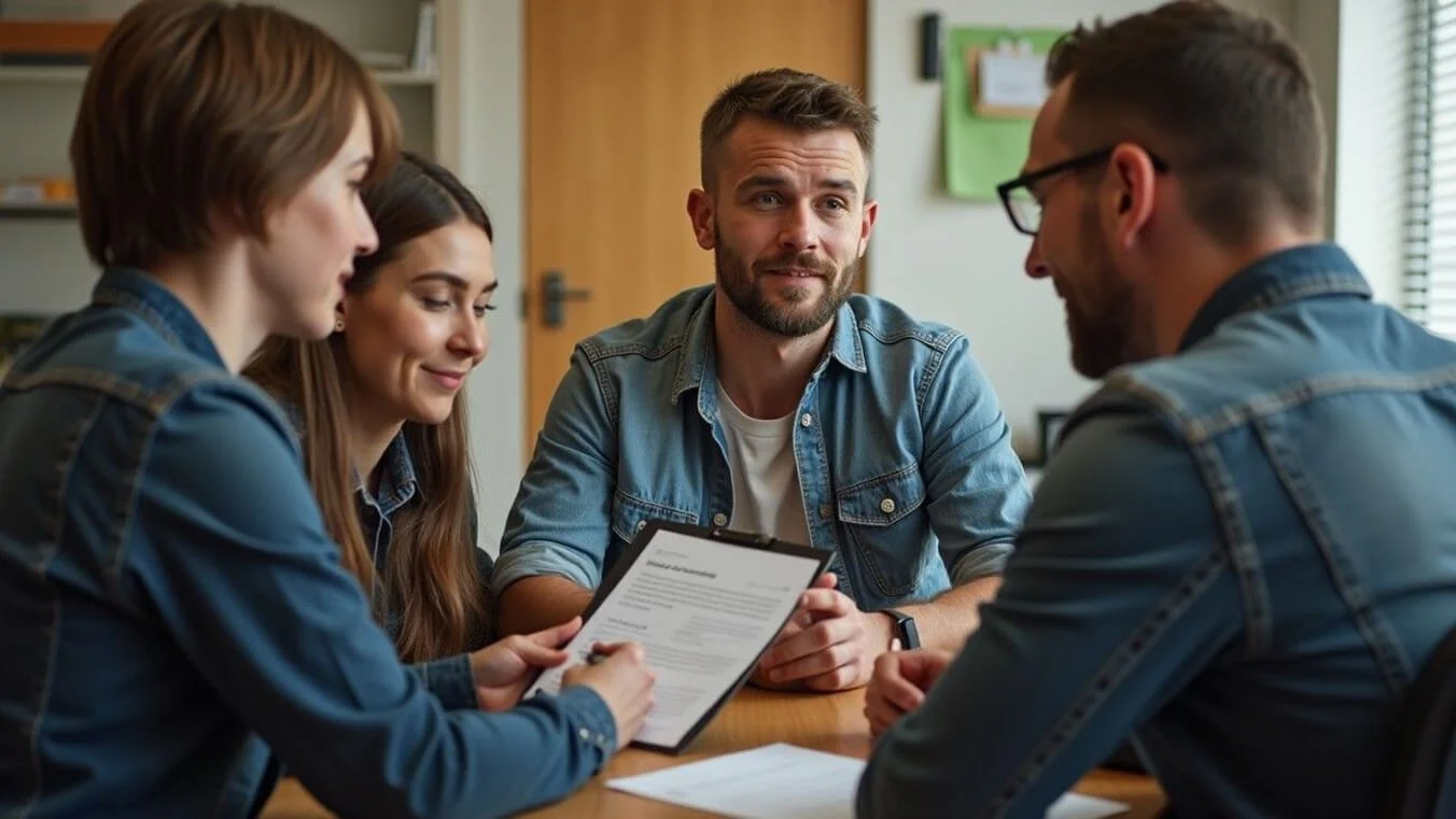 Young Australian veterans discussing DVA income support and rent assistance eligibility with a support caseworker.