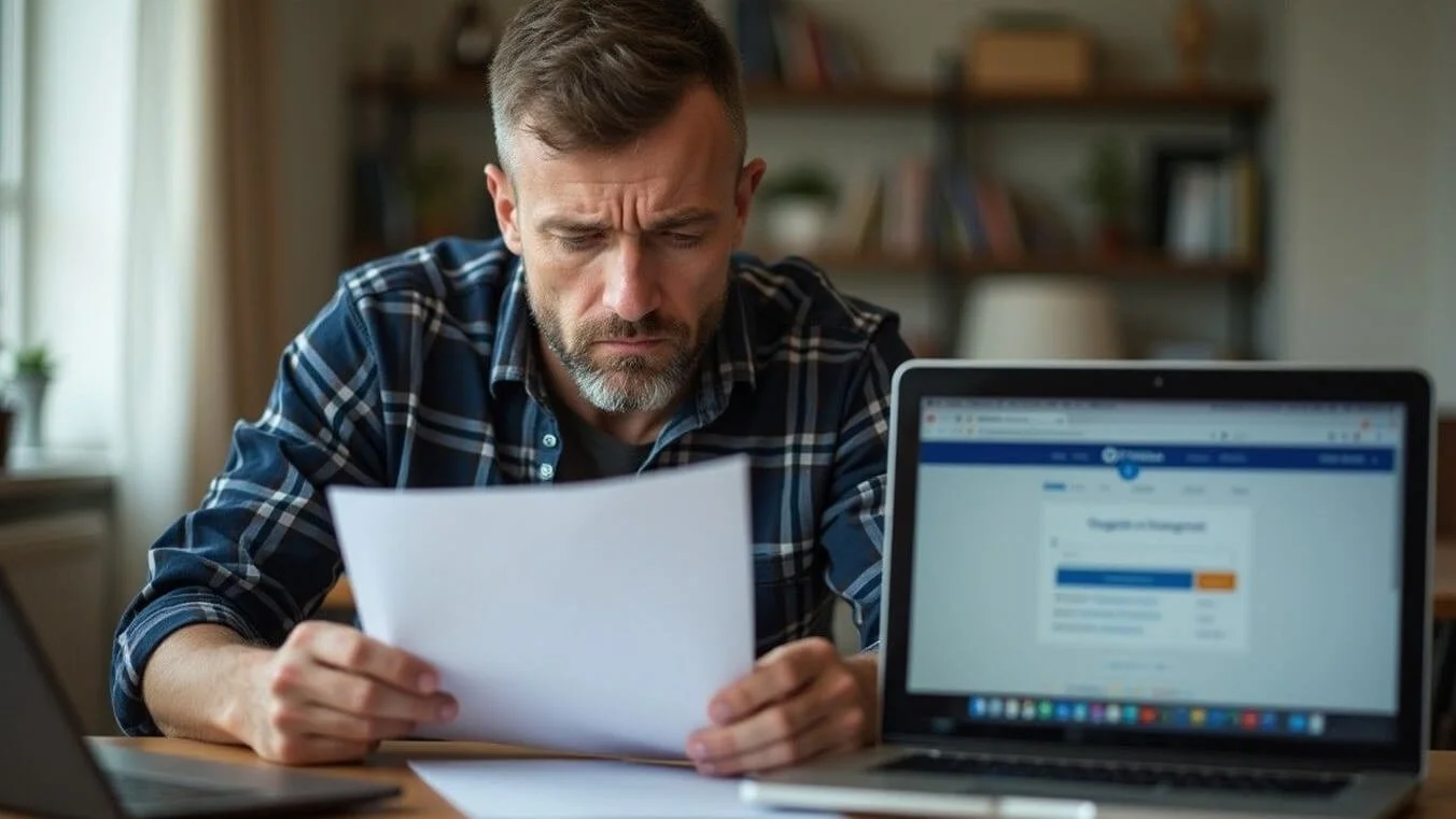 Veteran reading a DVA rent assistance rejection letter due to application mistakes.