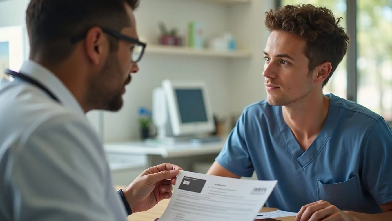 Australian veteran discussing approved medical treatment options covered by the DVA White Card with their GP.