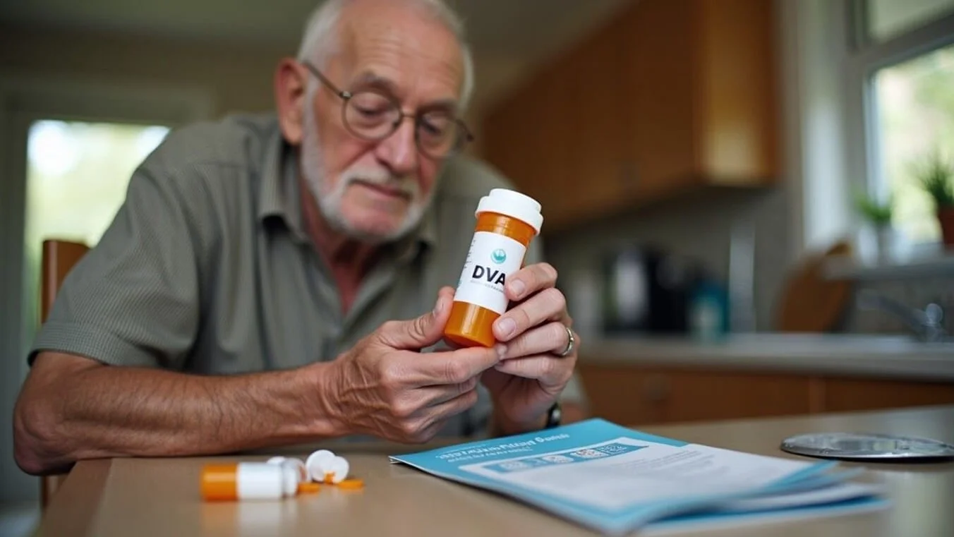 An older Commonwealth veteran reviewing prescription medication at home with DVA information on the table.