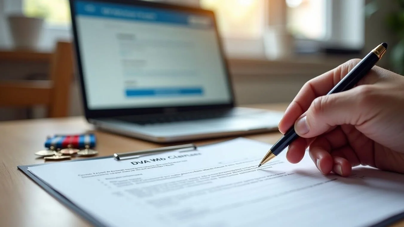 Close-up of a veteran completing a DVA claim form with the MyService portal open on a laptop.