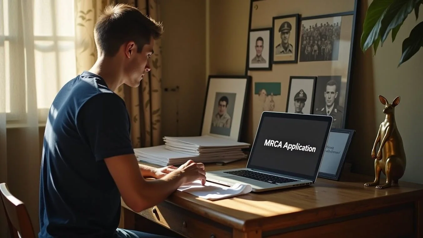 A male veteran using a laptop to understand the MRCA claims process and eligibility for DVA benefits.