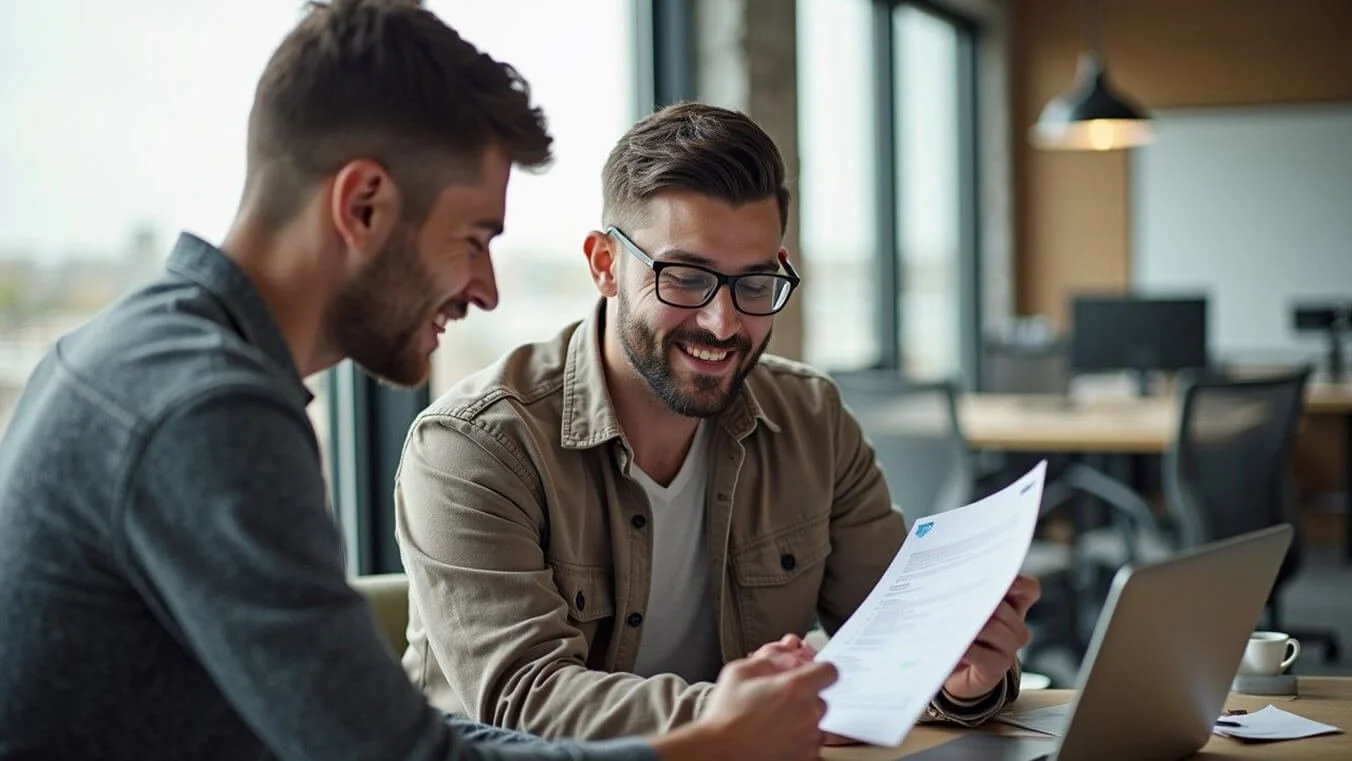 Young Australian veteran discussing career guidance with a mentor in a friendly, civilian setting.