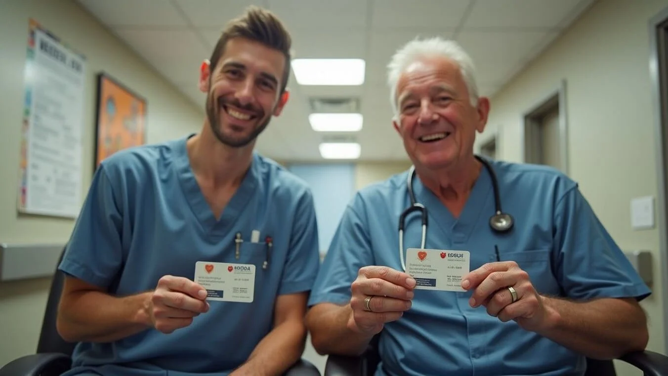 Two veterans from different generations displaying their DVA cards during a healthcare appointment.